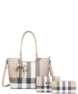 3in1 Plaid Tote Bag W Crossbody and Wallet Set LM-8093-S KHAKI